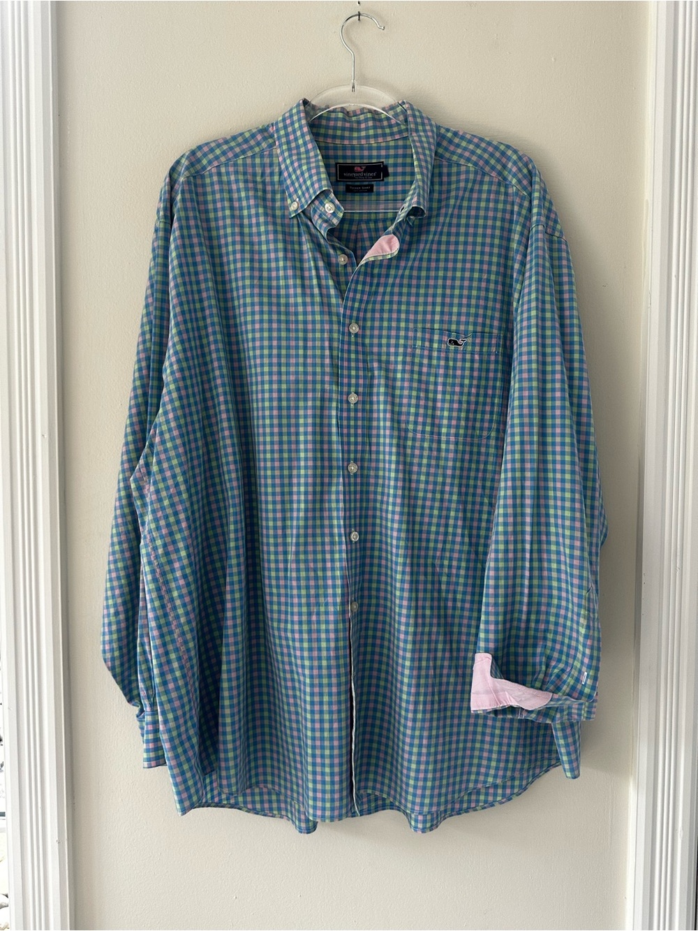 Vineyard Vines Blue & Green Gingham Button-Down with Pink Trim